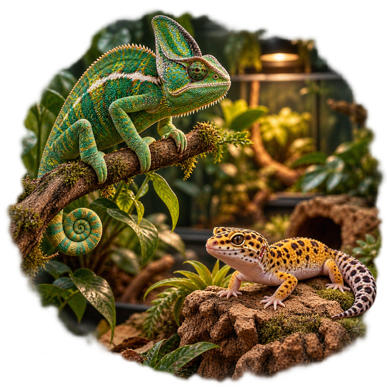 Kameleon i gekon lamparci na tle wyposażonego terrarium