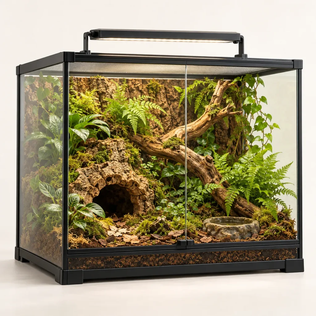 Szklane terrarium z oświetleniem, roślinami i kryjówką