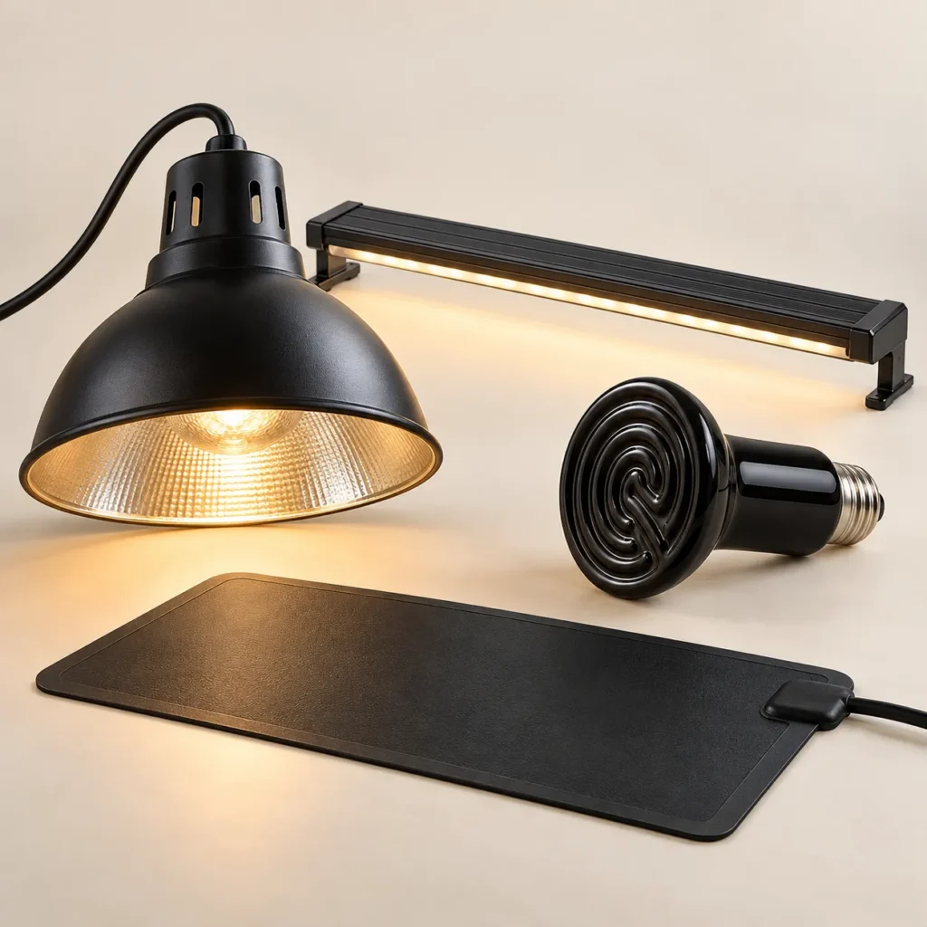 Lampa, listwa oświetleniowa, emiter ceramiczny i mata grzewcza do terrarium