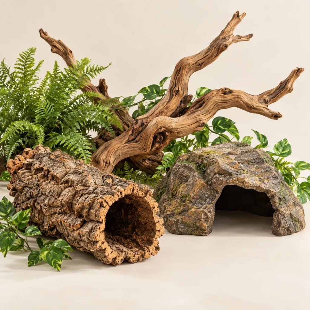 Dekoracje do terrarium: tunel korkowy, kryjówka skalna, korzeń i rośliny