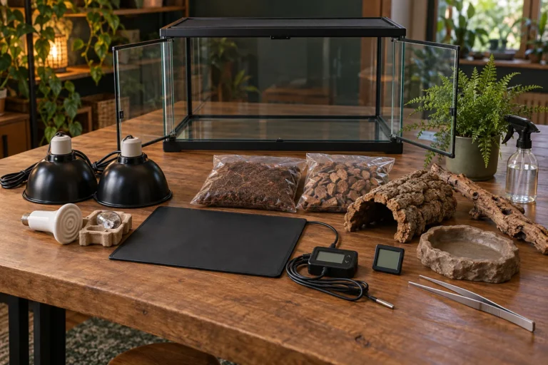Puste terrarium i rozłożone na stole lampy, mata grzewcza, termostat, podłoża, kryjówka, miska oraz akcesoria.